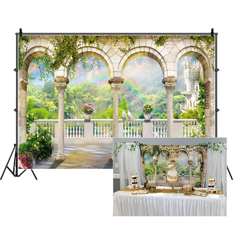 DORCEV 9x6ft Garden Arched Door Wedding Photography Backdrop Gorgeous Bridal Shower Engaged Theme Party Beautiful Building Rainbow Green Plants Backdrop Lover Adult Wedding Photo Shoot Prop Wallpaper - Image 1
